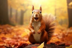 Cute squirrel in the autumn forest with autumn leaves.Created with Generative AI technology. photo