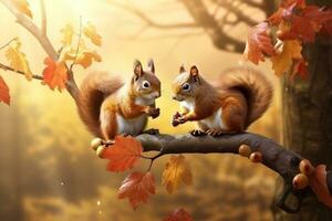 Cute squirrel in the autumn forest with autumn leaves.Created with Generative AI technology. photo