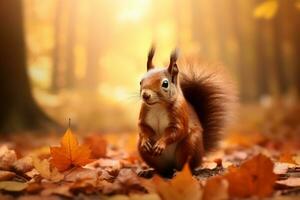 Cute squirrel in the autumn forest with autumn leaves.Created with Generative AI technology. photo