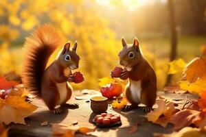 Cute squirrel in the autumn forest with autumn leaves.Created with Generative AI technology. photo