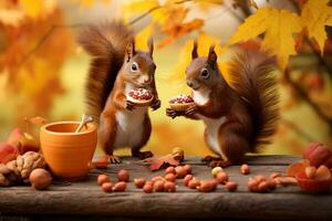 Cute squirrel in the autumn forest with autumn leaves.Created with Generative AI technology. photo