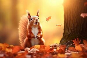 Cute squirrel in the autumn forest with autumn leaves.Created with Generative AI technology. photo