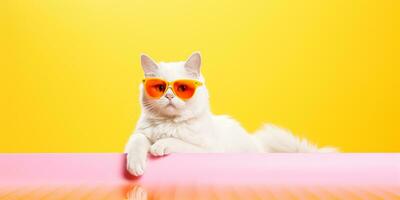 Cute and cat in trendy  sunglass on isolated background.animal summer holiday concept.Created with Generative AI technology photo