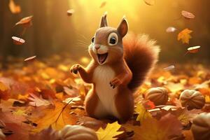 Cute squirrel in the autumn forest with autumn leaves.Created with Generative AI technology. photo