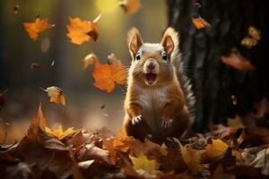 Cute squirrel in the autumn forest with autumn leaves.Created with Generative AI technology. photo