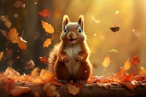 Cute squirrel in the autumn forest with autumn leaves.Created with Generative AI technology. photo