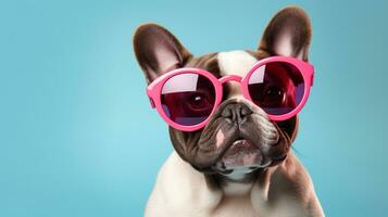 Cute and funny dog in trendy sunglass on isolated background.animal summer holiday concept.Created with Generative AI technology photo