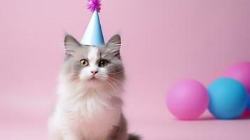 Cute Cat with cone hat and necklace bowtie on isolated background.Happy birthday concept.created with Generative AI technology photo