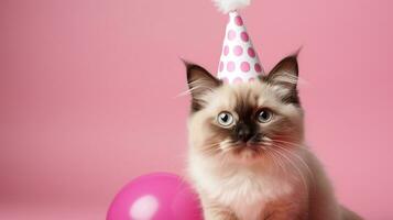 linda gato con cono sombrero y collar corbata de moño en aislado fondo.feliz cumpleaños concepto.creado con generativo ai tecnología foto