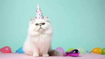 linda gato con cono sombrero y collar corbata de moño en aislado fondo.feliz cumpleaños concepto.creado con generativo ai tecnología foto