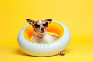 Cute and funny dog in trendy sunglass on isolated background.animal summer holiday concept.Created with Generative AI technology photo