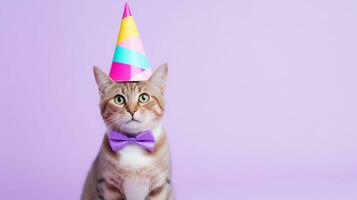 Cute Cat with cone hat and necklace bowtie on isolated background.Happy birthday concept.created with Generative AI technology photo