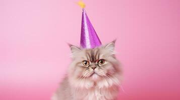 Cute Cat with cone hat and necklace bowtie on isolated background.Happy birthday concept.created with Generative AI technology photo