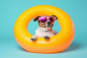 Cute and funny dog in trendy sunglass on isolated background.animal summer holiday concept.Created with Generative AI technology photo