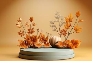 3D podium products display background with autumn leaves,mushrooms,animal on the left with copy space.Minimal background for products presentation.Created with Generative AI technology photo