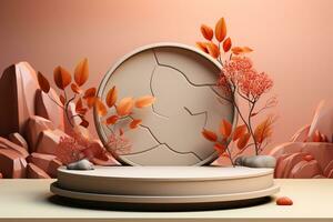 3D podium products display background with autumn leaves,mushrooms,animal on the left with copy space.Minimal background for products presentation.Created with Generative AI technology photo