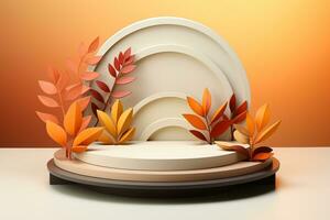 3D podium products display background with autumn leaves,mushrooms,animal on the left with copy space.Minimal background for products presentation.Created with Generative AI technology photo
