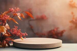 3D podium products display background with autumn leaves,mushrooms,animal on the left with copy space.Minimal background for products presentation.Created with Generative AI technology photo