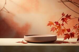 3D podium products display background with autumn leaves,mushrooms,animal on the left with copy space.Minimal background for products presentation.Created with Generative AI technology photo
