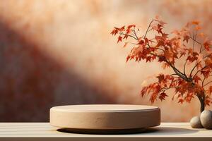 3D podium products display background with autumn leaves,mushrooms,animal on the left with copy space.Minimal background for products presentation.Created with Generative AI technology photo