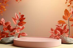3D podium products display background with autumn leaves,mushrooms,animal on the left with copy space.Minimal background for products presentation.Created with Generative AI technology photo