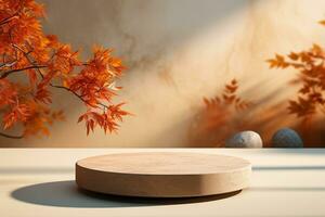 3D podium products display background with autumn leaves,mushrooms,animal on the left with copy space.Minimal background for products presentation.Created with Generative AI technology photo