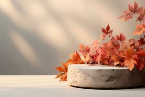 3D podium products display background with autumn leaves,mushrooms,animal on the left with copy space.Minimal background for products presentation.Created with Generative AI technology photo