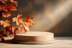 3D podium products display background with autumn leaves,mushrooms,animal on the left with copy space.Minimal background for products presentation.Created with Generative AI technology photo