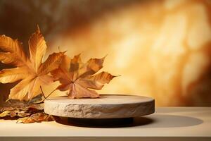 3D podium products display background with autumn leaves,mushrooms,animal on the left with copy space.Minimal background for products presentation.Created with Generative AI technology photo