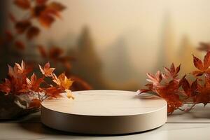 3D podium products display background with autumn leaves,mushrooms,animal on the left with copy space.Minimal background for products presentation.Created with Generative AI technology photo