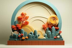 3D podium products display background with autumn leaves,mushrooms,animal on the left with copy space.Minimal background for products presentation.Created with Generative AI technology photo