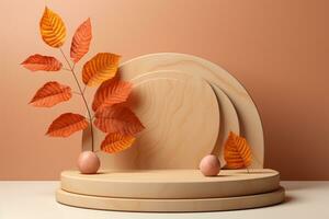 3D podium products display background with autumn leaves,mushrooms,animal on the left with copy space.Minimal background for products presentation.Created with Generative AI technology photo