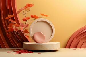 3D podium products display background with autumn leaves,mushrooms,animal on the left with copy space.Minimal background for products presentation.Created with Generative AI technology photo