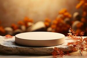 3D podium products display background with autumn leaves,mushrooms,animal on the left with copy space.Minimal background for products presentation.Created with Generative AI technology photo