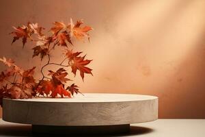 3D podium products display background with autumn leaves,mushrooms,animal on the left with copy space.Minimal background for products presentation.Created with Generative AI technology photo