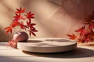 3D podium products display background with autumn leaves,mushrooms,animal on the left with copy space.Minimal background for products presentation.Created with Generative AI technology photo