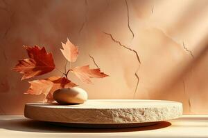 3D podium products display background with autumn leaves,mushrooms,animal on the left with copy space.Minimal background for products presentation.Created with Generative AI technology photo