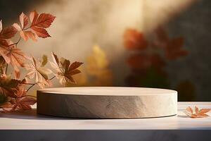 3D podium products display background with autumn leaves,mushrooms,animal on the left with copy space.Minimal background for products presentation.Created with Generative AI technology photo