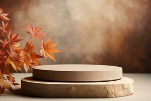 3D podium products display background with autumn leaves,mushrooms,animal on the left with copy space.Minimal background for products presentation.Created with Generative AI technology photo