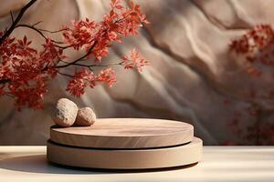 3D podium products display background with autumn leaves,mushrooms,animal on the left with copy space.Minimal background for products presentation.Created with Generative AI technology photo