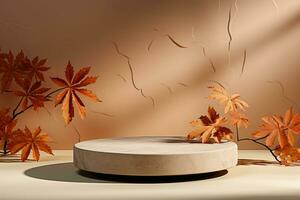 3D podium products display background with autumn leaves,mushrooms,animal on the left with copy space.Minimal background for products presentation.Created with Generative AI technology photo