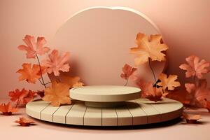 3D podium products display background with autumn leaves,mushrooms,animal on the left with copy space.Minimal background for products presentation.Created with Generative AI technology photo