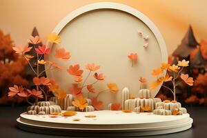 3D podium products display background with autumn leaves,mushrooms,animal on the left with copy space.Minimal background for products presentation.Created with Generative AI technology photo