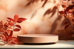 3D podium products display background with autumn leaves,mushrooms,animal on the left with copy space.Minimal background for products presentation.Created with Generative AI technology photo