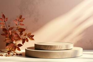 3D podium products display background with autumn leaves,mushrooms,animal on the left with copy space.Minimal background for products presentation.Created with Generative AI technology photo