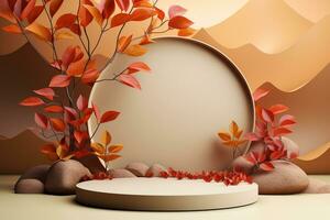 3D podium products display background with autumn leaves,mushrooms,animal on the left with copy space.Minimal background for products presentation.Created with Generative AI technology photo