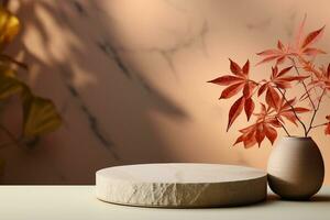 3D podium products display background with autumn leaves,mushrooms,animal on the left with copy space.Minimal background for products presentation.Created with Generative AI technology photo