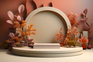 3D podium products display background with autumn leaves,mushrooms,animal on the left with copy space.Minimal background for products presentation.Created with Generative AI technology photo