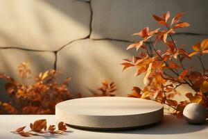 3D podium products display background with autumn leaves,mushrooms,animal on the left with copy space.Minimal background for products presentation.Created with Generative AI technology photo