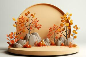 3D podium products display background with autumn leaves,mushrooms,animal on the left with copy space.Minimal background for products presentation.Created with Generative AI technology photo